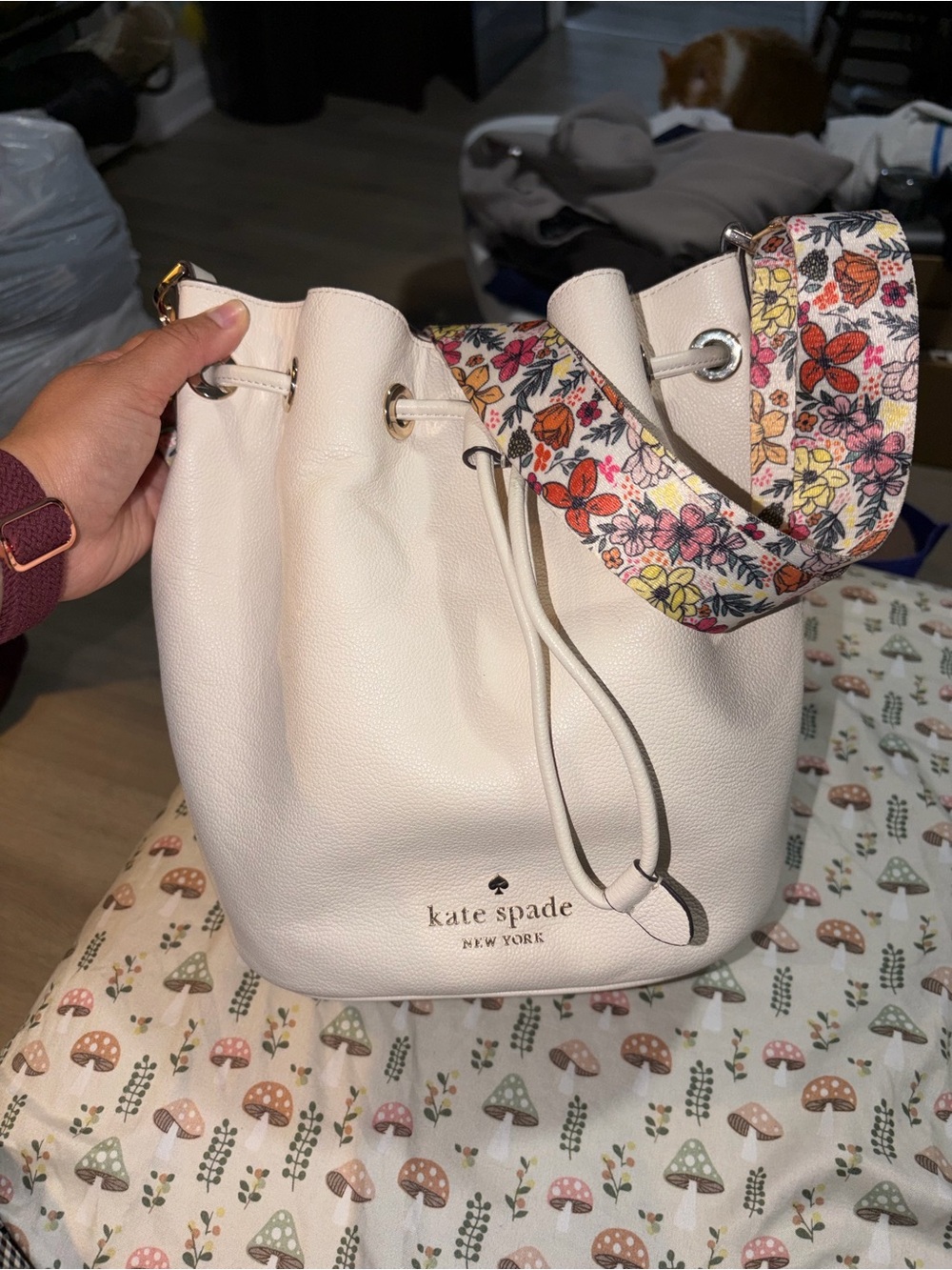 kate spade Cream Leather Drawstring Bucket Bag with Floral Strap